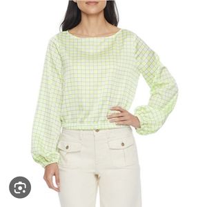 Ryegrass Boat Neck Balloon Long Sleeve Blouse Tie Waist Crop Shirt Size medium
